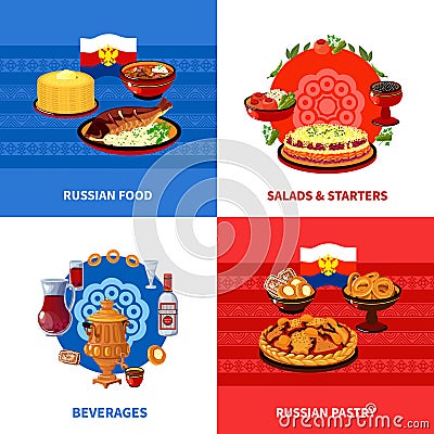 Russian Food 4 Flat Icons Square Vector Illustration