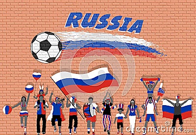 Russian football fans cheering with Russia flag colors in front Vector Illustration