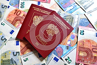Russian foreign passport and an euro bills Stock Photo