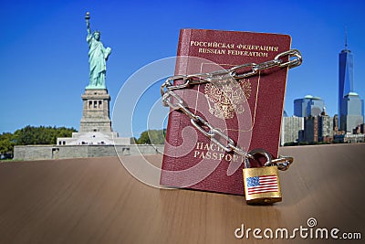 Russian foreign passport with metal chain and lock. USA Department of State blocked limited US visa issue for Russian people. US A Cartoon Illustration