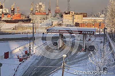 Russian fuel retailer Lukoil, Petrol station in Saint Petersburg, winter. Editorial Stock Photo