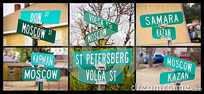 Russian German Heritage in Midwest America - Street Signs in Munjor, Kansas Stock Photo