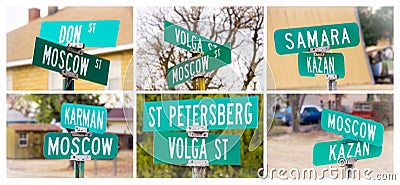 Russian German Heritage in Midwest America - Street Signs in Munjor, Kansas Stock Photo