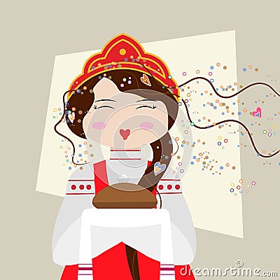 Russian girl in traditional suit with bread and salt. Slavic girl welcomes Stock Photo