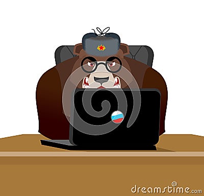 Russian hacker. Bear and laptop. IP technology in Russia. Wild b Vector Illustration