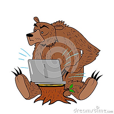 Russian hacker bear with laptop on wood stump Vector Illustration