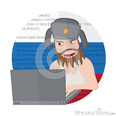 Russian hacker with laptop isolated on white background. Vector Illustration