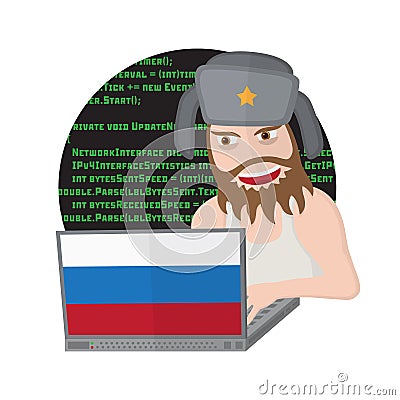 Russian hacker with laptop isolated on white background. Vector Illustration