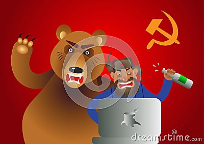 Russian hacker with laptop, vodka and own pet bear on USSR flag background Vector Illustration