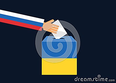 Russian hand is voting and electing by throwing ballot paper into ballot box. Vector Illustration