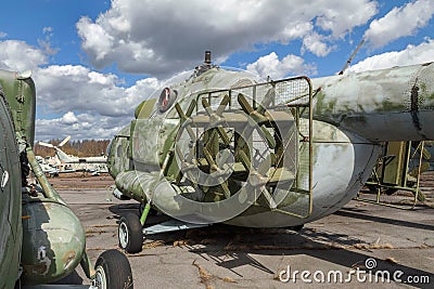 The russian heavy transport helicopter an abandoned aerodrome. Stock Photo