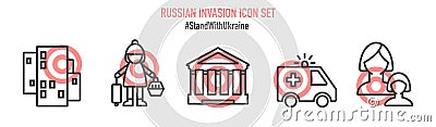 Russian invasion icon set. War in Ukraine. Terroristic Concept design elements, Outline style black red collection for web and Vector Illustration