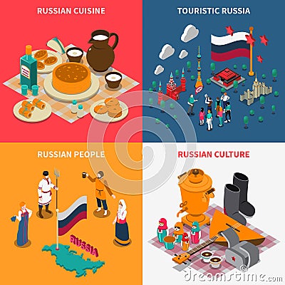 Russian Isometric Touristic 2x2 Icons Set Vector Illustration