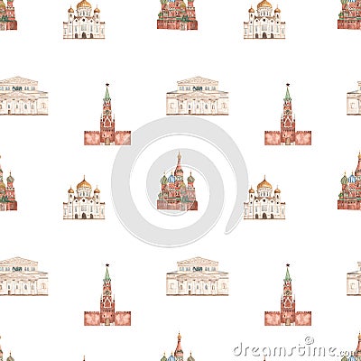 Watercolor seamless pattern with Russian landmarks, Kremlin, St. Basil`s Cathedral, Cathedral of Christ the Savior, Bolshoi Stock Photo