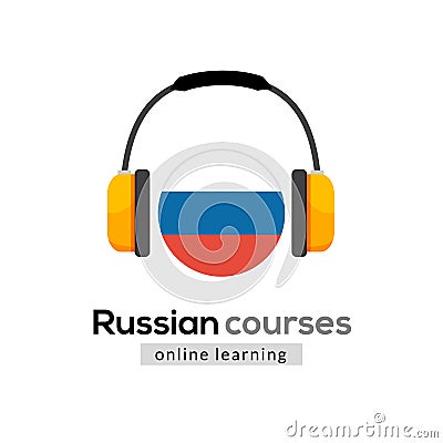 Russian language learning logo icon with headphones. Creative russian class fluent concept speak test and grammar Vector Illustration
