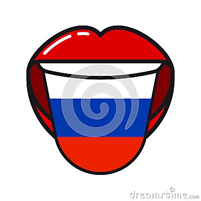 Russian language tongue with flag Russia open woman smile mouth Vector Illustration