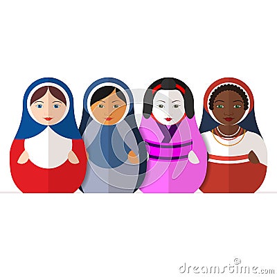 Russian matryoshka dolls in different traditional clothes Vector Illustration
