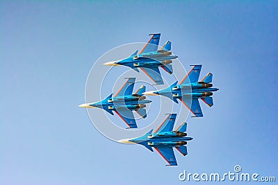 Russian military aircraft in the sky. Russian aircraft Su 30SM. Fighters and bombers soar in the sky. Russian aviation Editorial Stock Photo