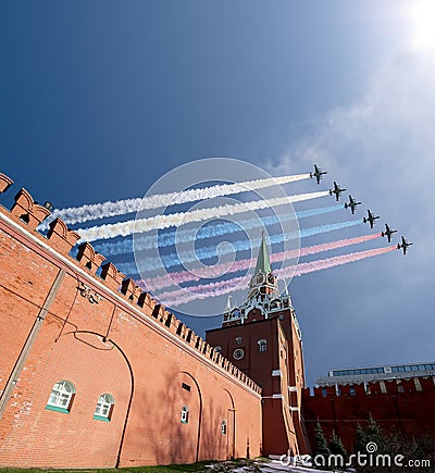 Russian military aircrafts fly in formation over Moscow during Victory Day parade, Russia Editorial Stock Photo