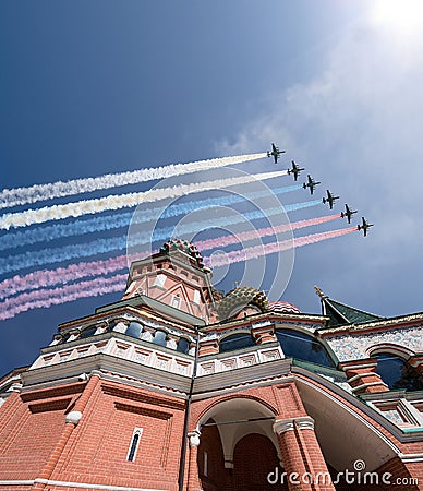 Russian military aircrafts fly in formation over MoscowSaint Basil cathedral during Victory Day parade, Russia Editorial Stock Photo