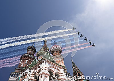 Russian military aircrafts fly in formation over MoscowSaint Basil cathedral during Victory Day parade, Russia Editorial Stock Photo