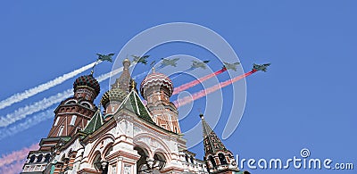 Russian military aircrafts fly in formation over MoscowSaint Basil cathedral during Victory Day parade, Russia Editorial Stock Photo