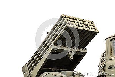 Russian multiple rocket launcher mounted on a soviet military truck isolated on a white background Stock Photo