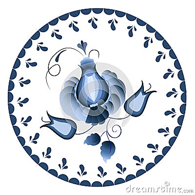 Russian national circular ornament. Blue floral pattern in Gzhel style applied to the ceramic plate. Vector Illustration