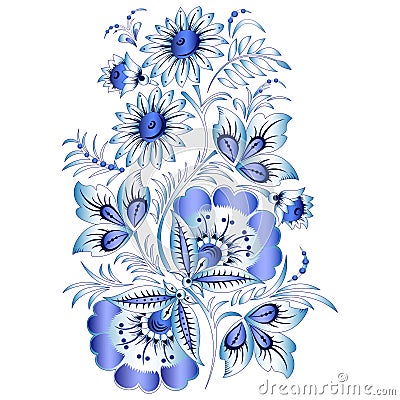 Russian national floral pattern in style Gzhel (a flowers of Russian ceramics, painted blue on white). Stock Photo