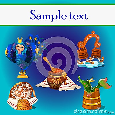 Russian national symbols and fairy tale characters Vector Illustration