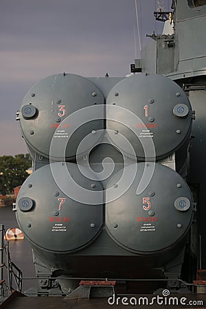 Four-way launcher of anti-ship cruise missiles P-270 Moskit. Right board. Front view closeup Editorial Stock Photo