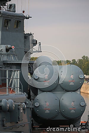 View of the superstructure and the main missile weaponry of the port side from the bow Editorial Stock Photo