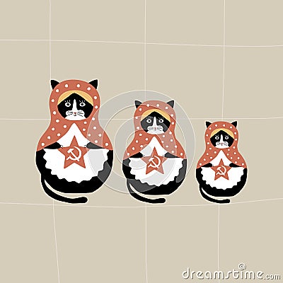 Russian nesting dolls. Cute matryoshka cats with red star and hammer and sickle. Traditions and culture of Russia. Vector Illustration