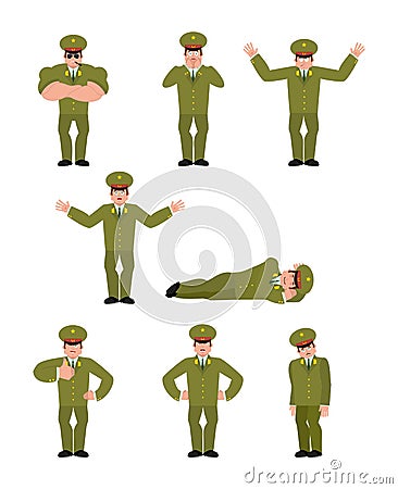 Russian Officer set poses. Soldier happy and yoga. sleeping and Vector Illustration