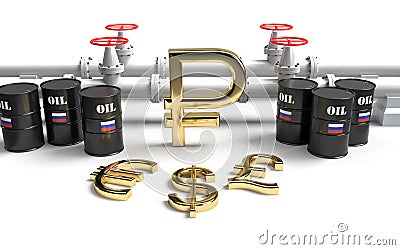 Russian oil barrels and gas pipes with ruble dollar euro and pound Stock Photo