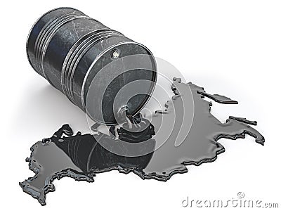 Russian oil industry concept. Oil barrel and spilled oil in form of Russia isolated on white Cartoon Illustration