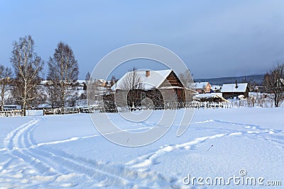 Russian old-believer village Visim in winter. Ural mountains, Russia Stock Photo