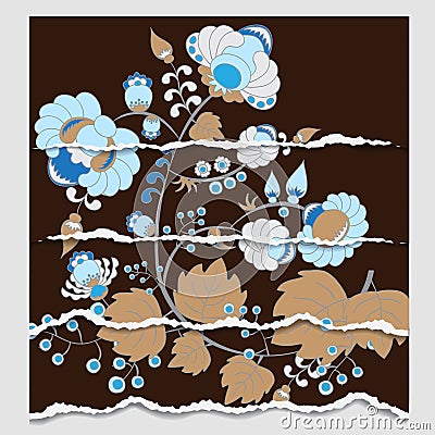 Russian or oriental pattern. torn paper. blue floral background Vector Illustration