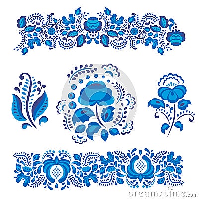 Russian ornaments art gzhel style painted with blue on white flower traditional folk bloom branch pattern vector Vector Illustration