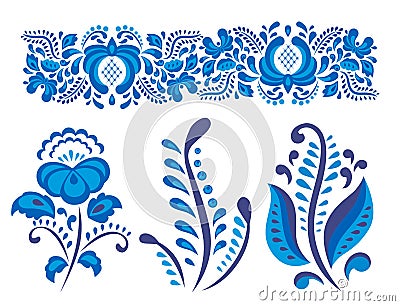 Russian ornaments art gzhel style painted with blue on white flower traditional folk bloom branch pattern vector Vector Illustration