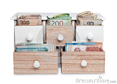 Russian paper money is spread out in different cells . Stock Photo