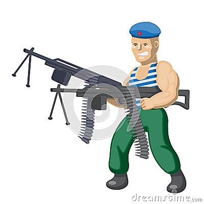 Russian paratroopers with two machine guns in their hands on a white isolated background. Vector image Vector Illustration