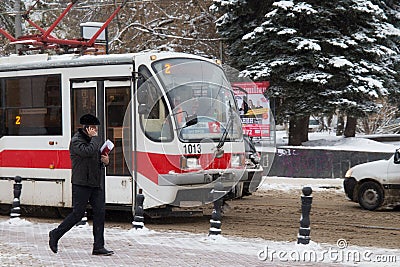 NIZHNY NOVGOROD, RUSSIA - NOVEMBER 07, 2016: The city tram 71-407 manufactured by Uraltransmash. Editorial Stock Photo