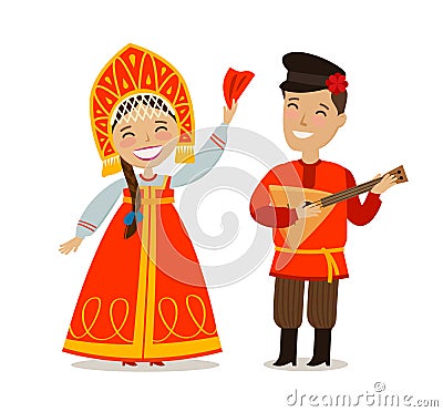 Russian people in folk national costume. Russia, Moscow concept. Vector illustration in flat style Vector Illustration