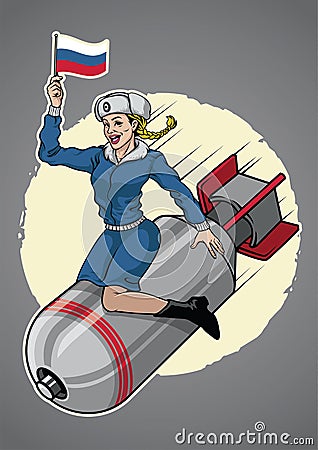 Russian pin up girl ride a nuclear bomb Vector Illustration