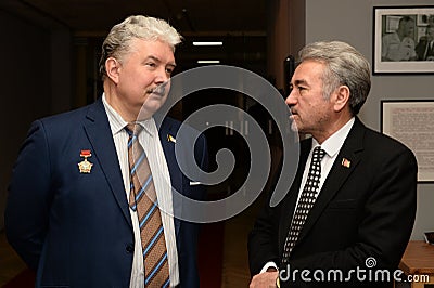 Russian politician Sergei Baburin at a photo exhibition dedicated to the withdrawal of Soviet troops from the DRA with a represent Editorial Stock Photo