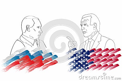 Russian President Putin and US President Joe Biden. Graphic linear portraits against background of state flags. Meeting of heads Editorial Stock Photo