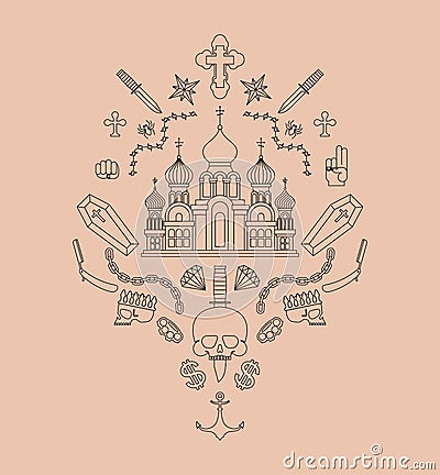 Russian prison tattoo. Church and skull. Cross and chain. Barbed wire and crown. Thief stars. Russia sign Prisoner mafia tattooing Vector Illustration