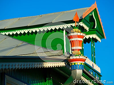 Russian roof drain folklore architecture background Stock Photo