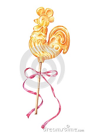 Russian rooster, cockerel lollipop with pink bow, watercolor illustration Cartoon Illustration